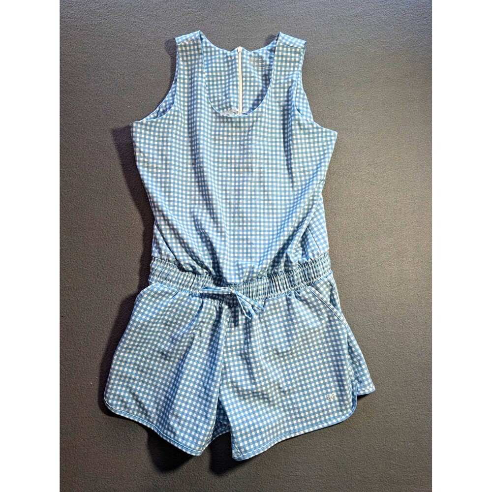 Albion Women’s Size L Blue/White Gingham Sleeveless Zip Romper Nylon/Spandex